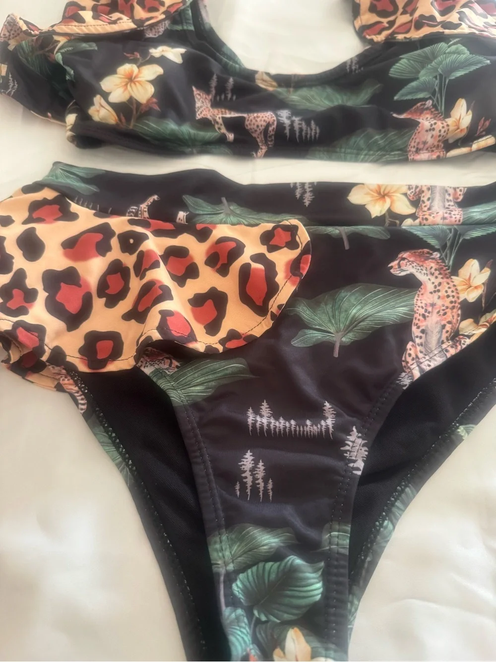 High-Waist Ruffle Leopard Print Swim Shorts - Black & Brown